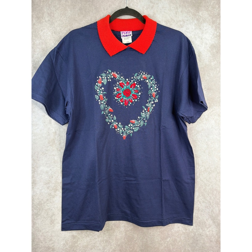 NWOT VTG 80s Day Break Embroidered Floral Heart  Singlestitch Faux Collar Size L